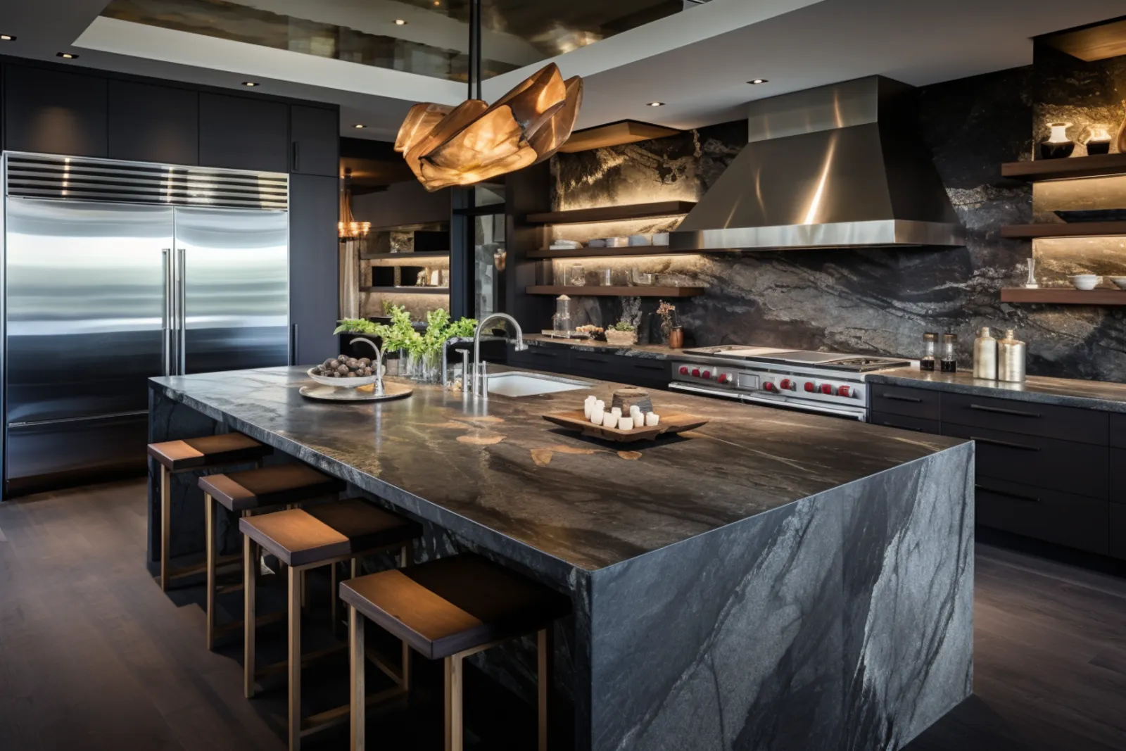 A dark premium kitchen showroom with integrated appliances